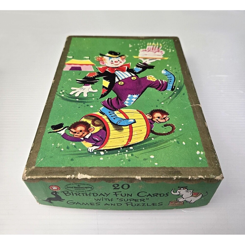Birthday Fun Cards Empty Box Circus Clown Monkeys Graphic 1950s MCM Ephemera Vtg